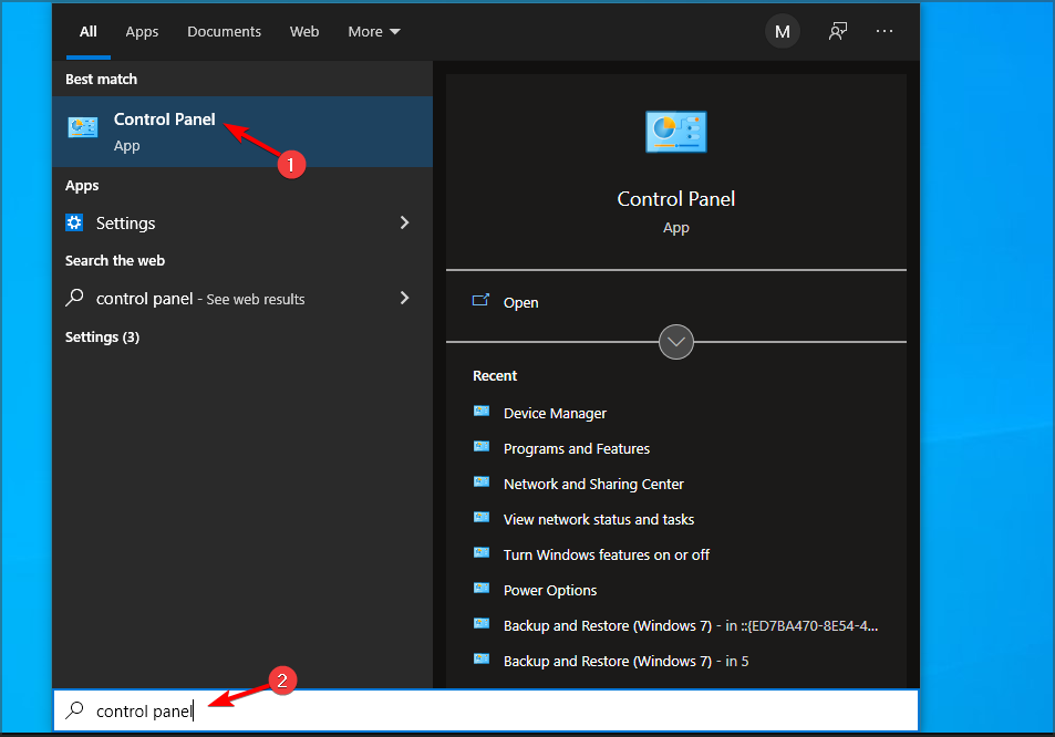 control panel search