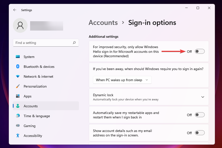 Отключить только параметр входа с помощью Windows Hello