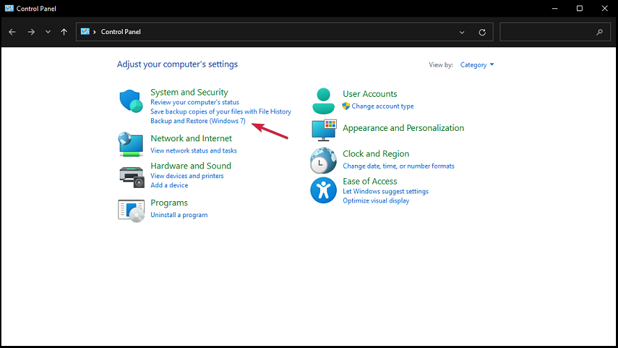 seção de backup e restauração windows