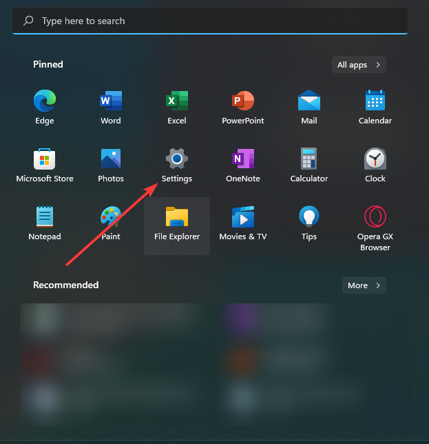 settings app in start menu