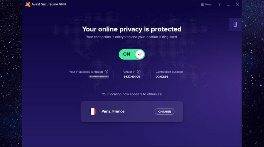 Janela principal do Avast VPN