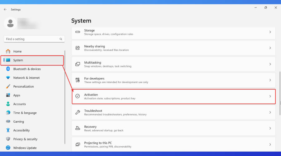 Aktivierungsoption in den Windows-Einstellungen
