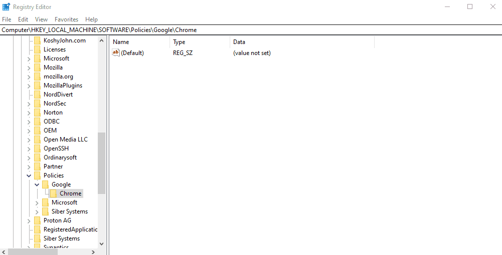 HKEY_LOCAL_MACHINE > SOFTWARE > Policies > Google > Chrome