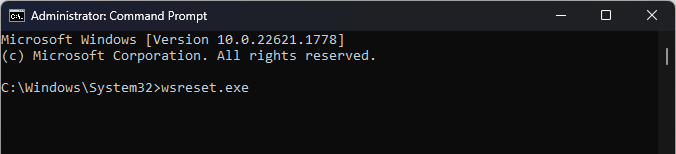 WSreset cancella cache 0xc03F300D