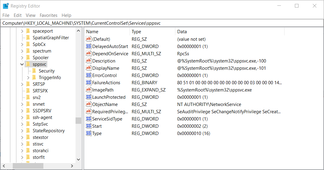 A chave sppsvc Erro de Ativação do Windows 10 0xc0020036