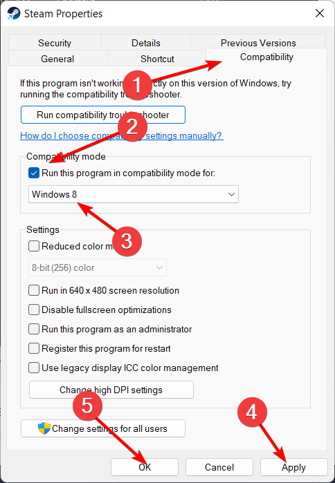 compatibility-w8 steam game launches then closes
