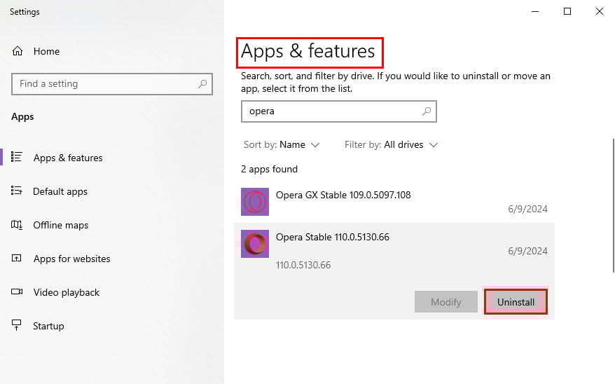 Uninstall Opera