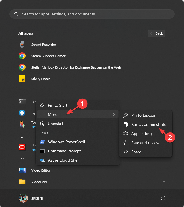 Run as admin, start menu