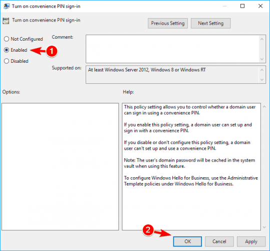 Turn on convenience PIN sign-in set as enabled in GPE