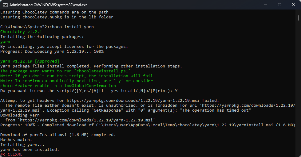YARN instalado en Windows