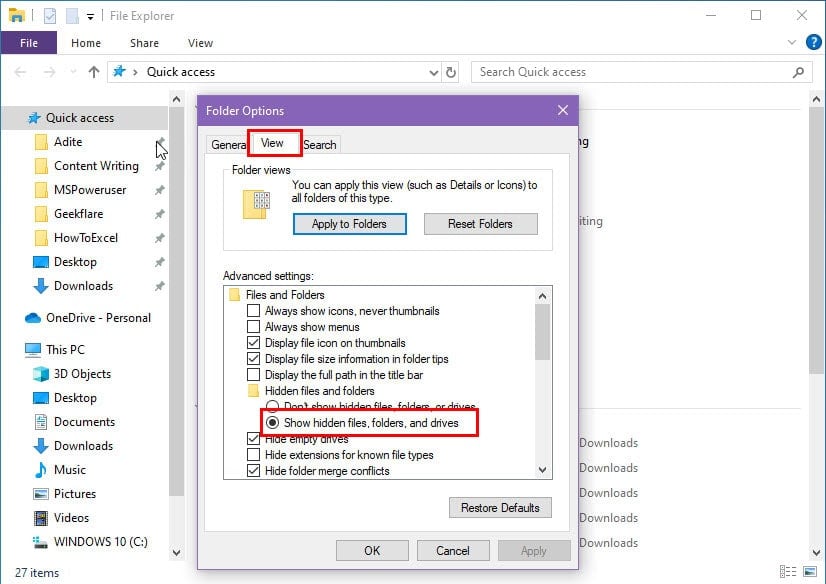 Show hidden files, folders, and drives