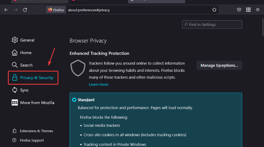 paramètres de confidentialité firefox