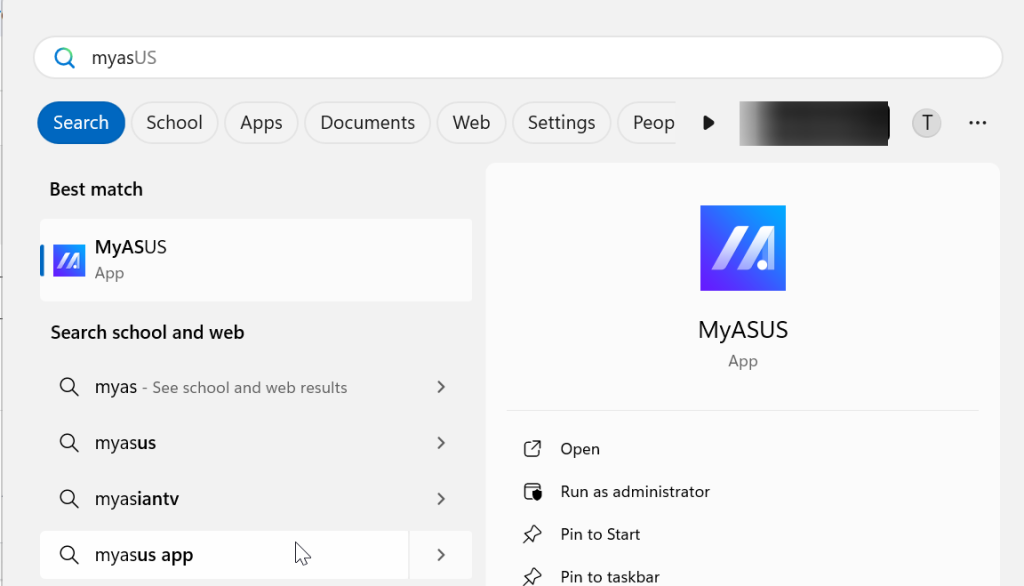 apertura dell'app myasus