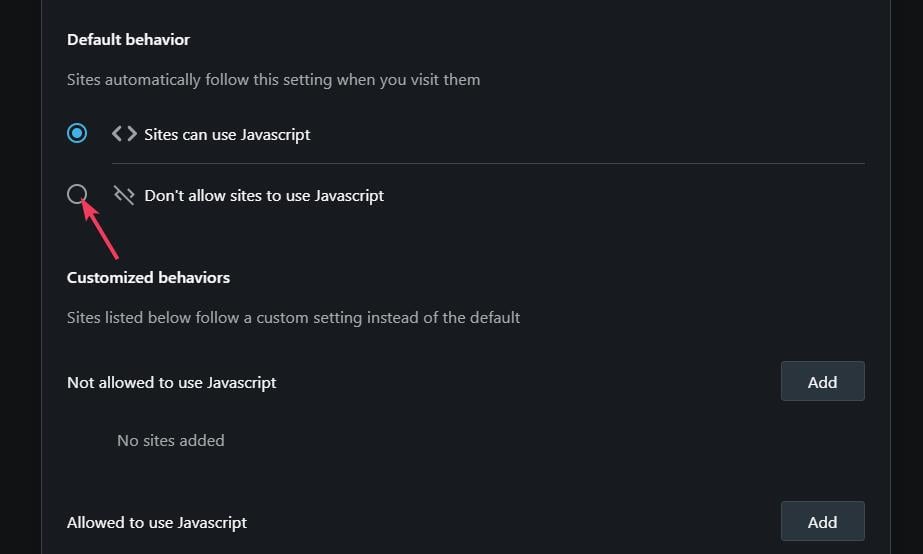 サイトにJavascriptの使用を許可しないオプションオペラブラウザのRAM使用量