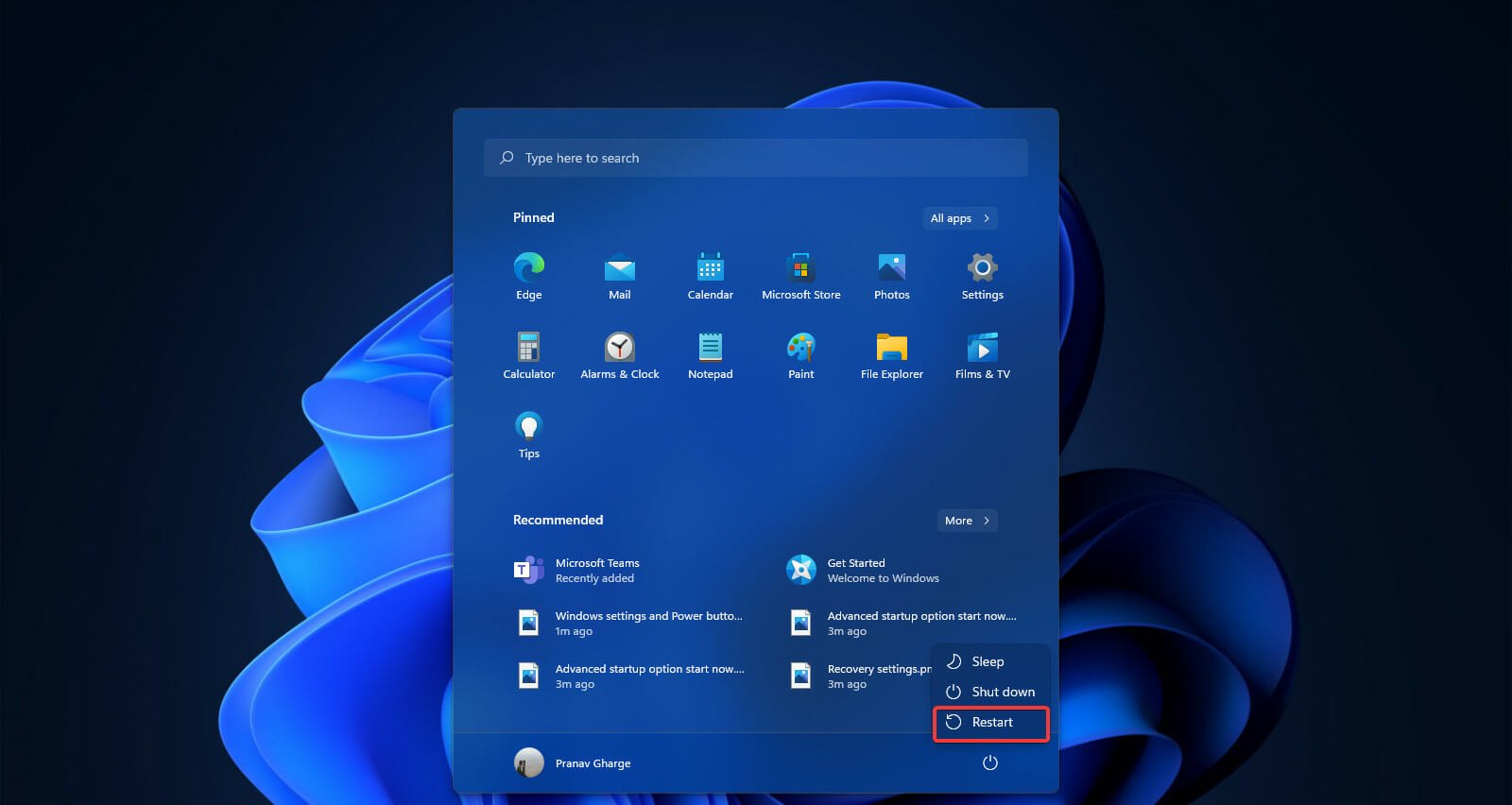 Windows再起動オプションメニュー
