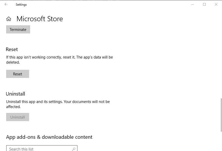 재설정 버튼 0x803fb005 microsoft store