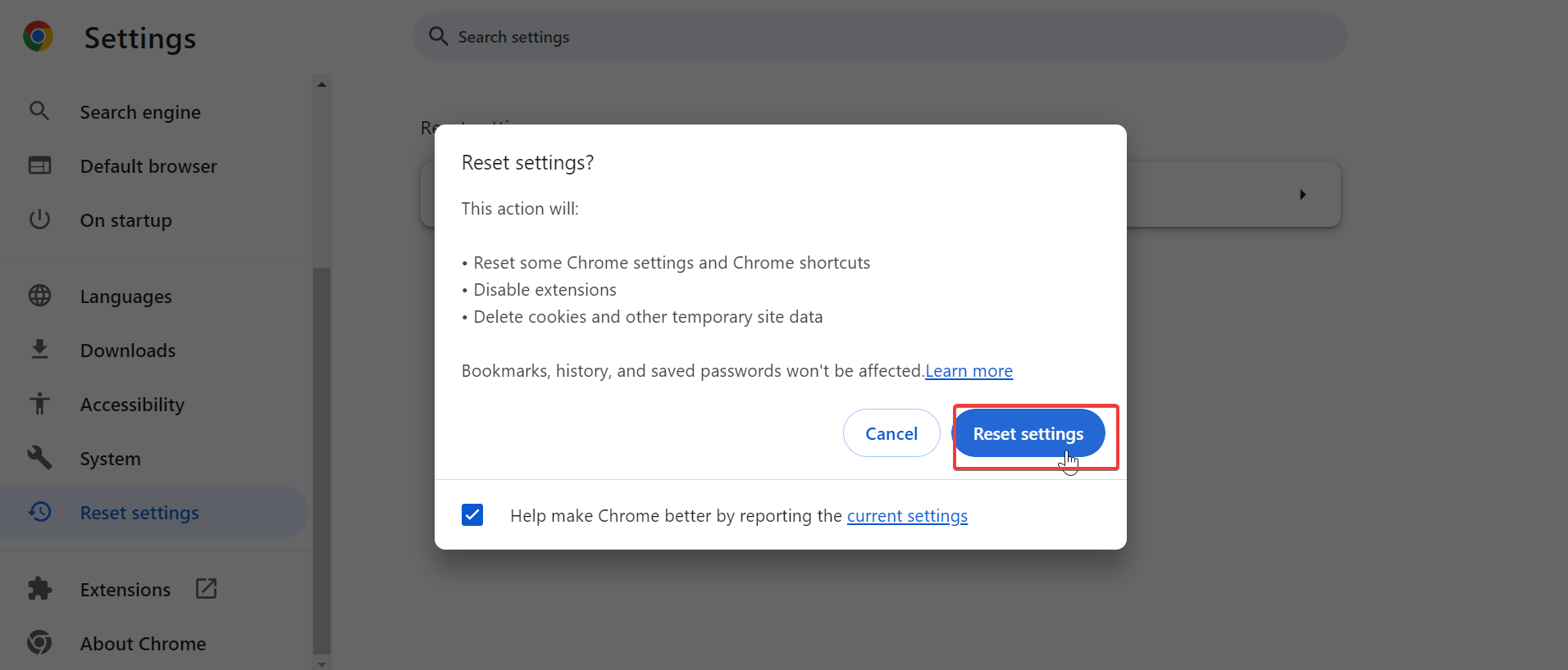 botón de restablecer configuraciones google chrome