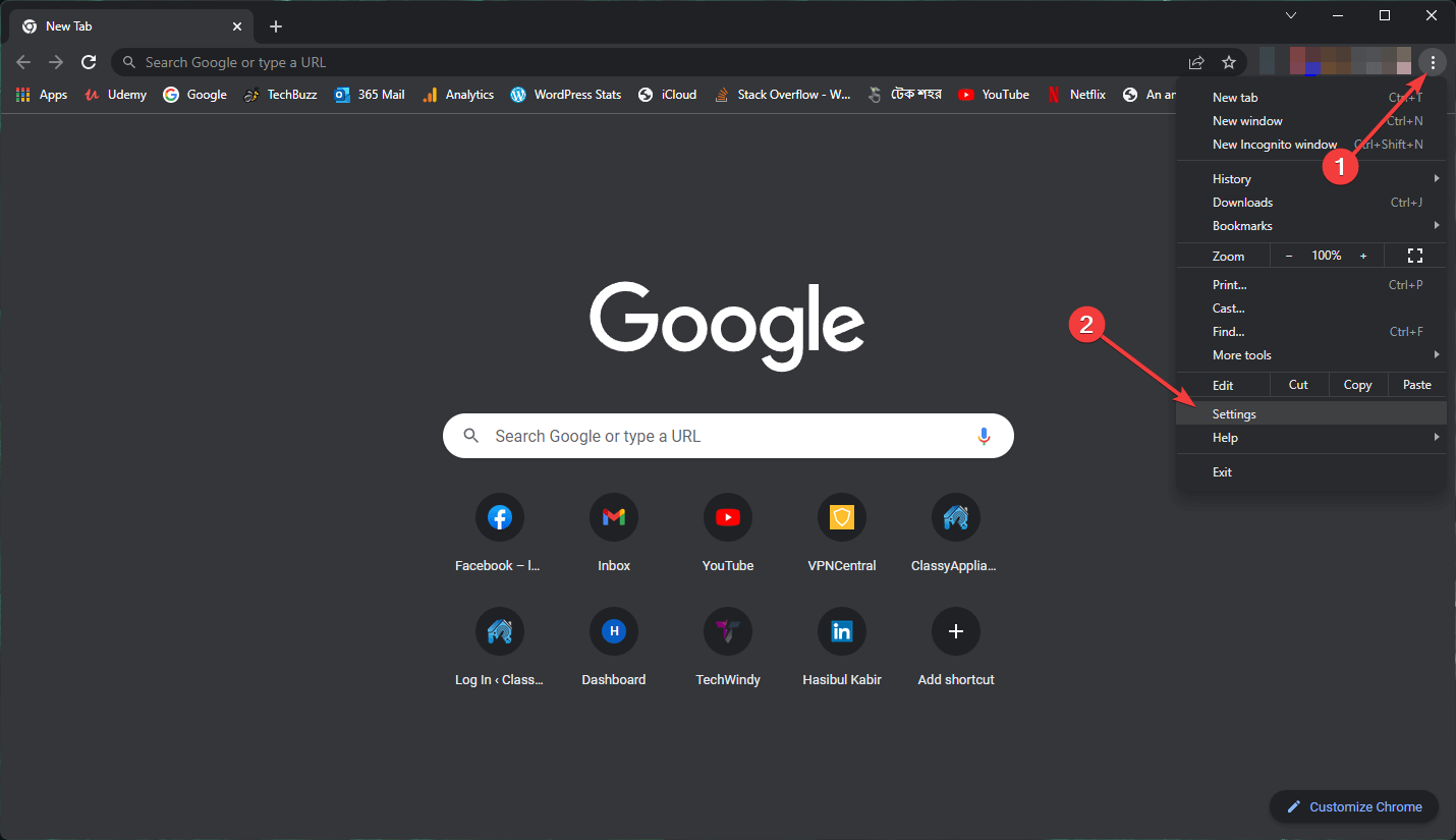 indo para configurações chrome