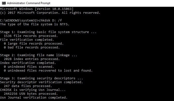 invite de commandes chkdsk