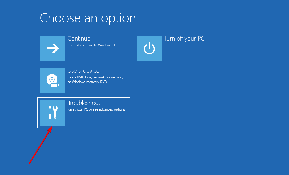 Seleziona la risoluzione dei problemi per riparare il recupero errore windows 11
