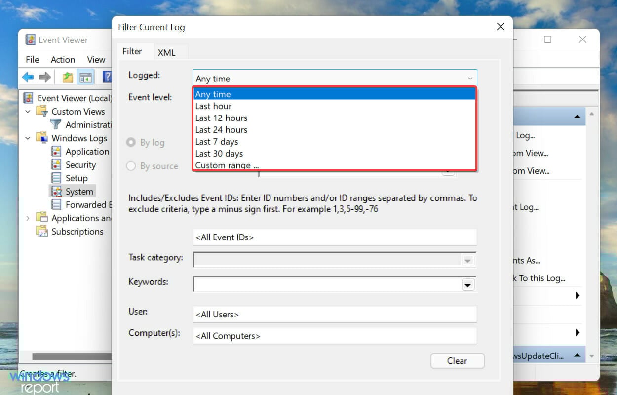 Windows 11 오류 로그를 볼 기간 선택하기