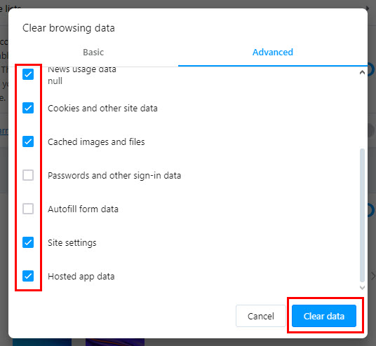 Clear data for advanced