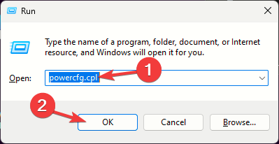powercfg.cplと入力し、OKをクリックして電源プランを開く - Overwatch 2がWindows 11でクラッシュし続ける