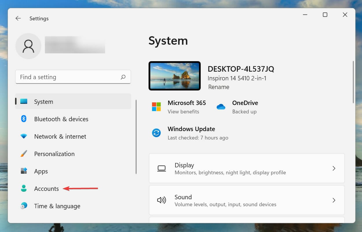 Выберите Учетные записи, чтобы удалить PIN-код в Windows 11