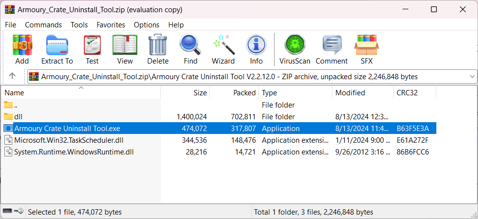 archivo exe de la herramienta de desinstalación de armoury crate