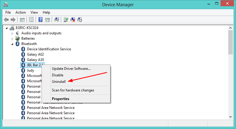 click to uninstall bt driver