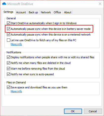 Option Pause automatique de la synchronisation ce pc est en mode économie d'énergie