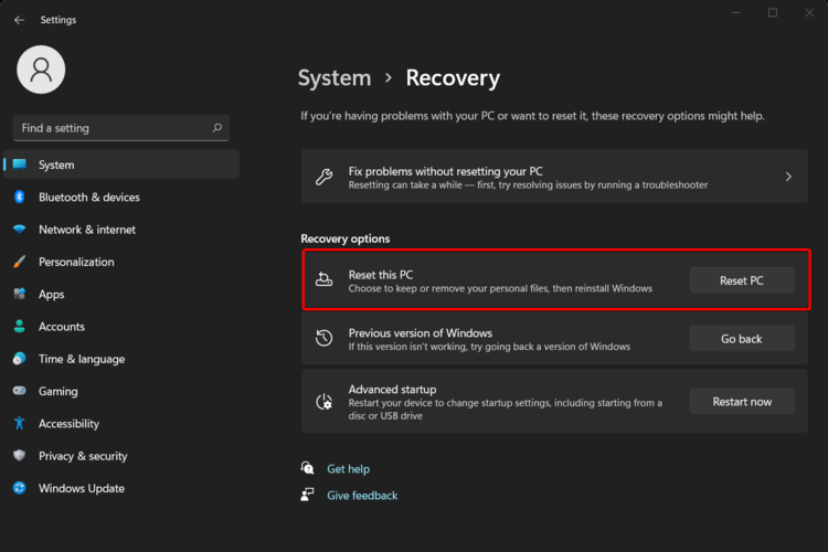 reset pc