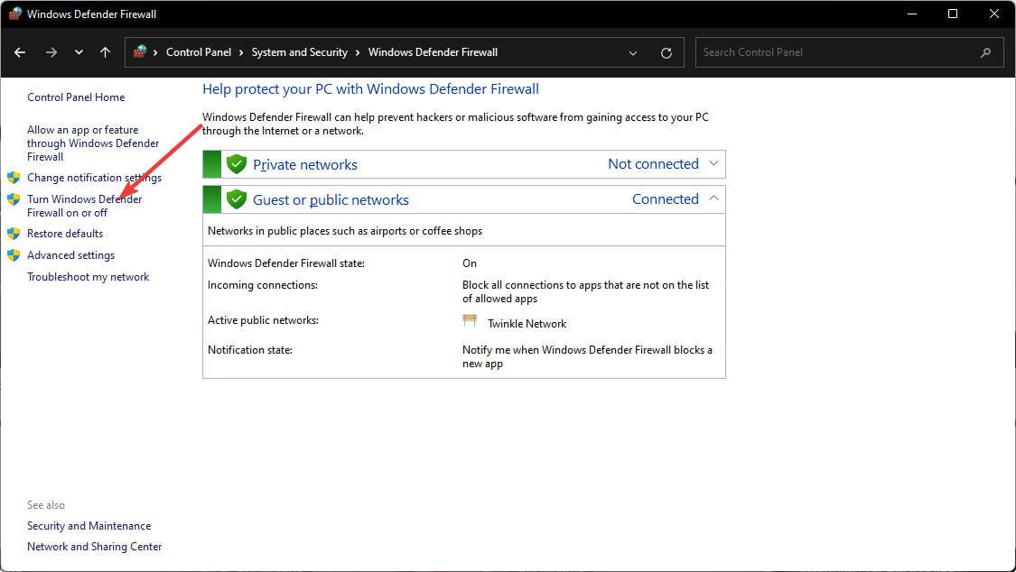 вход в отключение брандмауэра Windows Defender