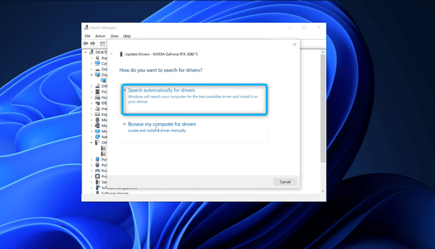 selecionando a opção para pesquisar automaticamente pela atualização do driver