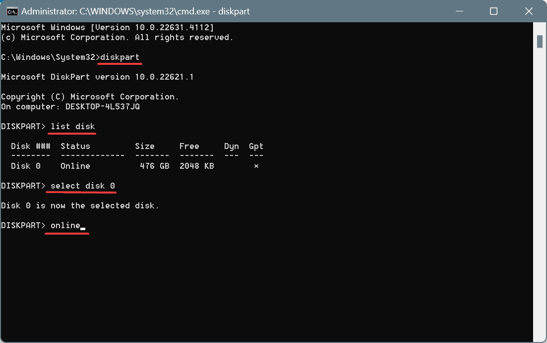 Festplatte online setzen zur Behebung von ERROR_REDIR_PAUSED