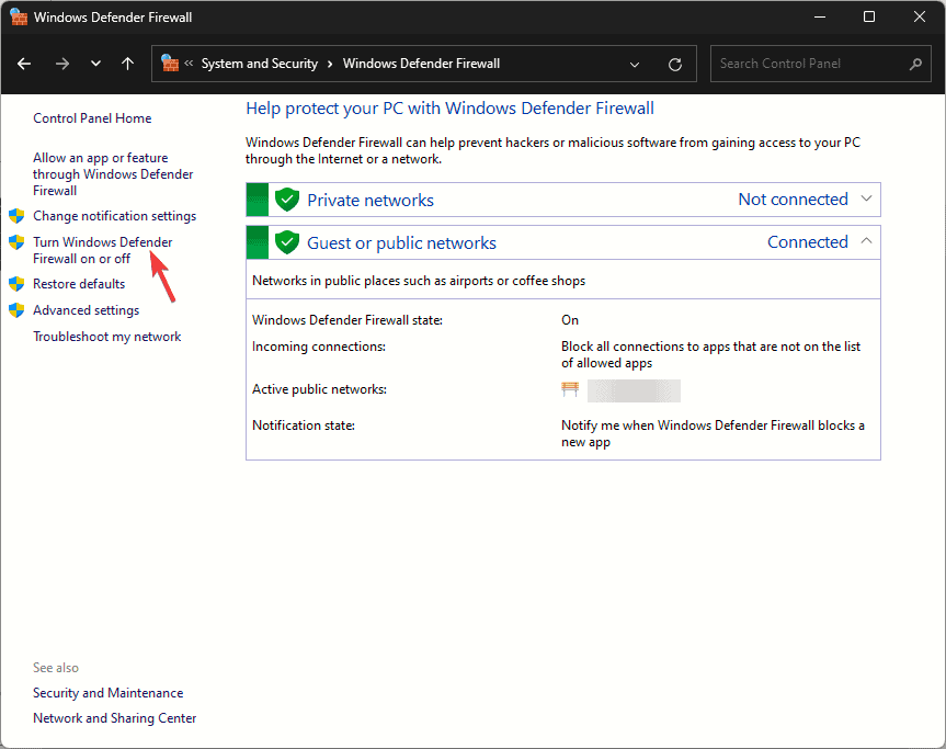 Turn Windows Defender Firewall on or off