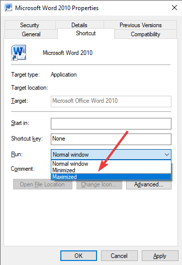 Ausführen maximiert Word - Microsoft Word öffnet kleines Fenster
