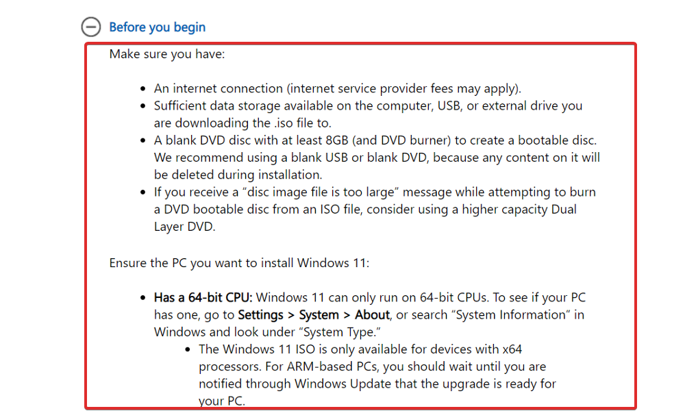 before-begin-requirements windows 11 iso download failed