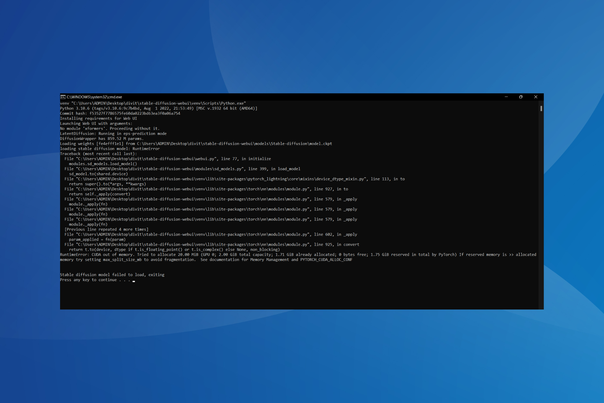 Stabiler Diffusionsmodellfehler konnte nicht geladen werden, Schließen in Windows