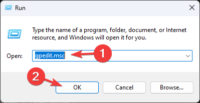 gpedit.msc und klicken Sie auf OK, um den Gruppenrichtlinien-Editor zu öffnen. - Echtzeitschutz in Windows 11 kann nicht deaktiviert werden