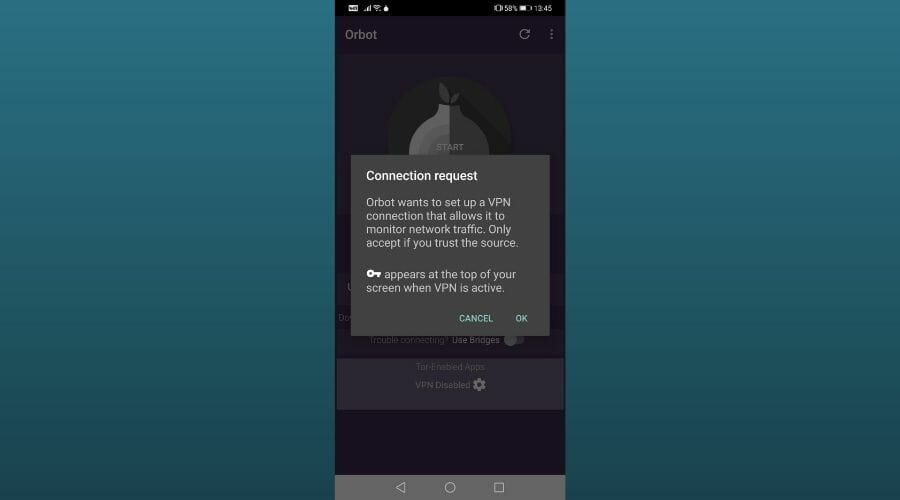 Richiesta di connessione VPN di Orbot