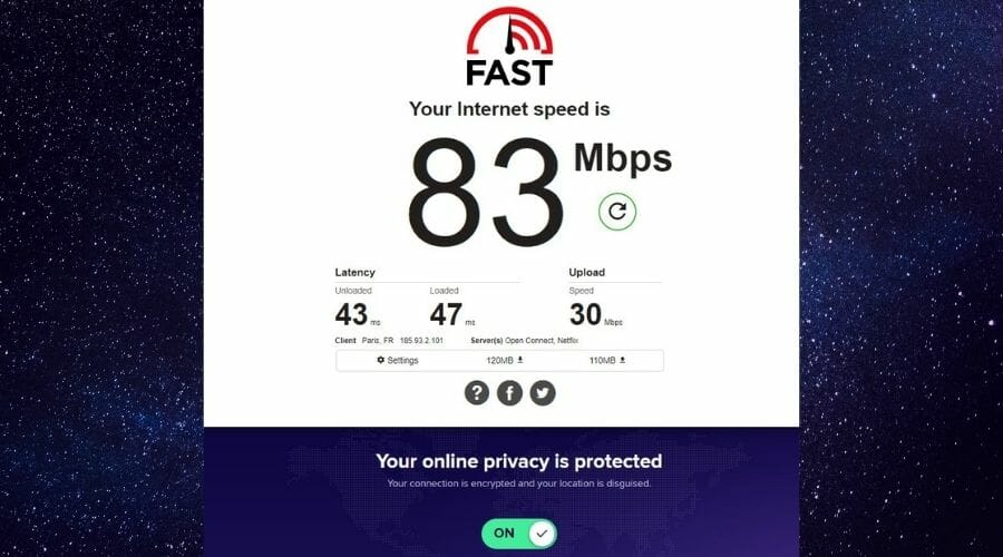 Teste de velocidade Fast.com com Avast VPN