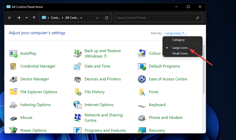 Opção ícones grandes impressora sem fio Windows 11