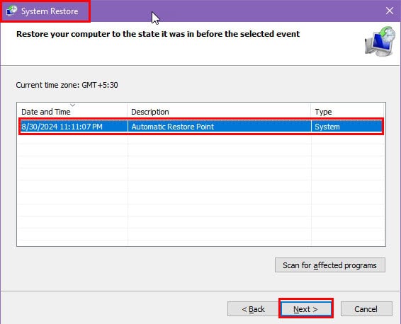 system restore dialog