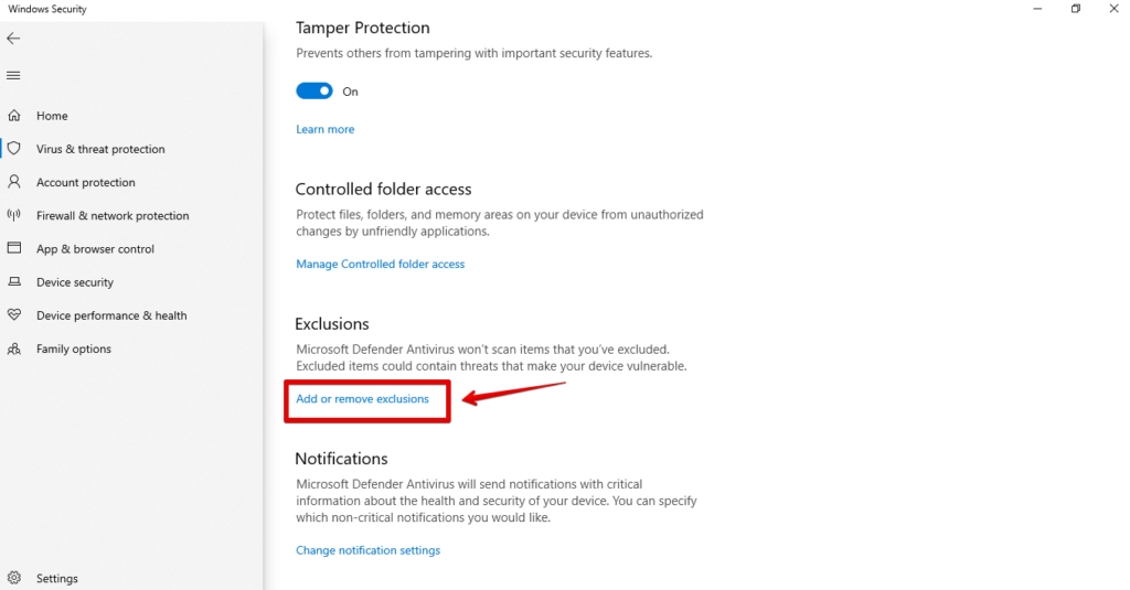 Adicionar ou remover exclusões
