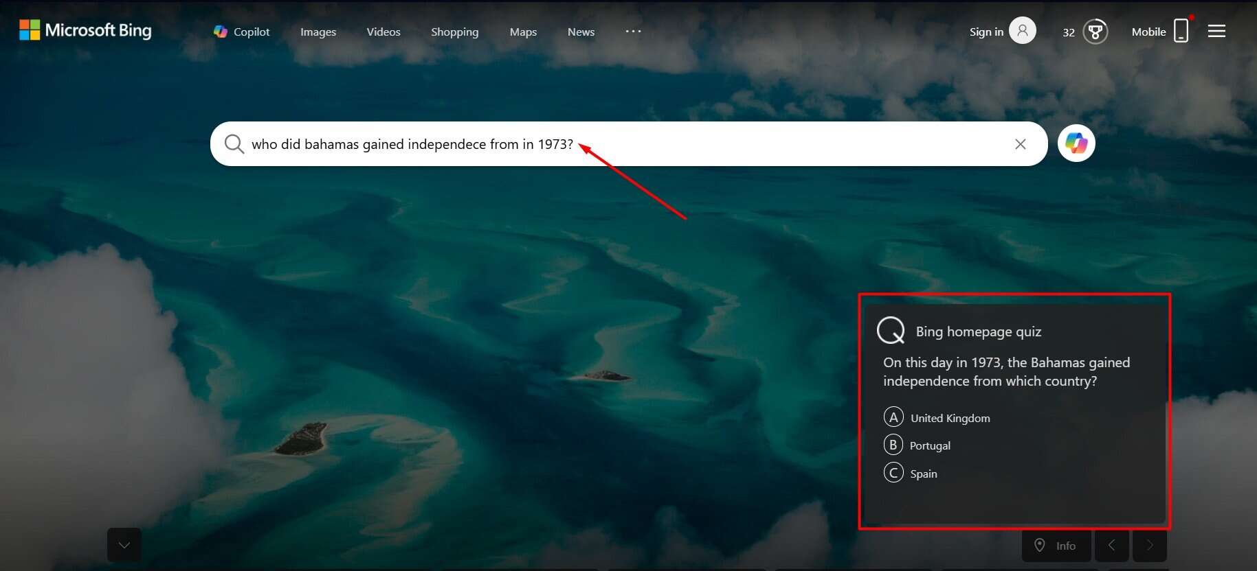 검색 bing 퀴즈 답변